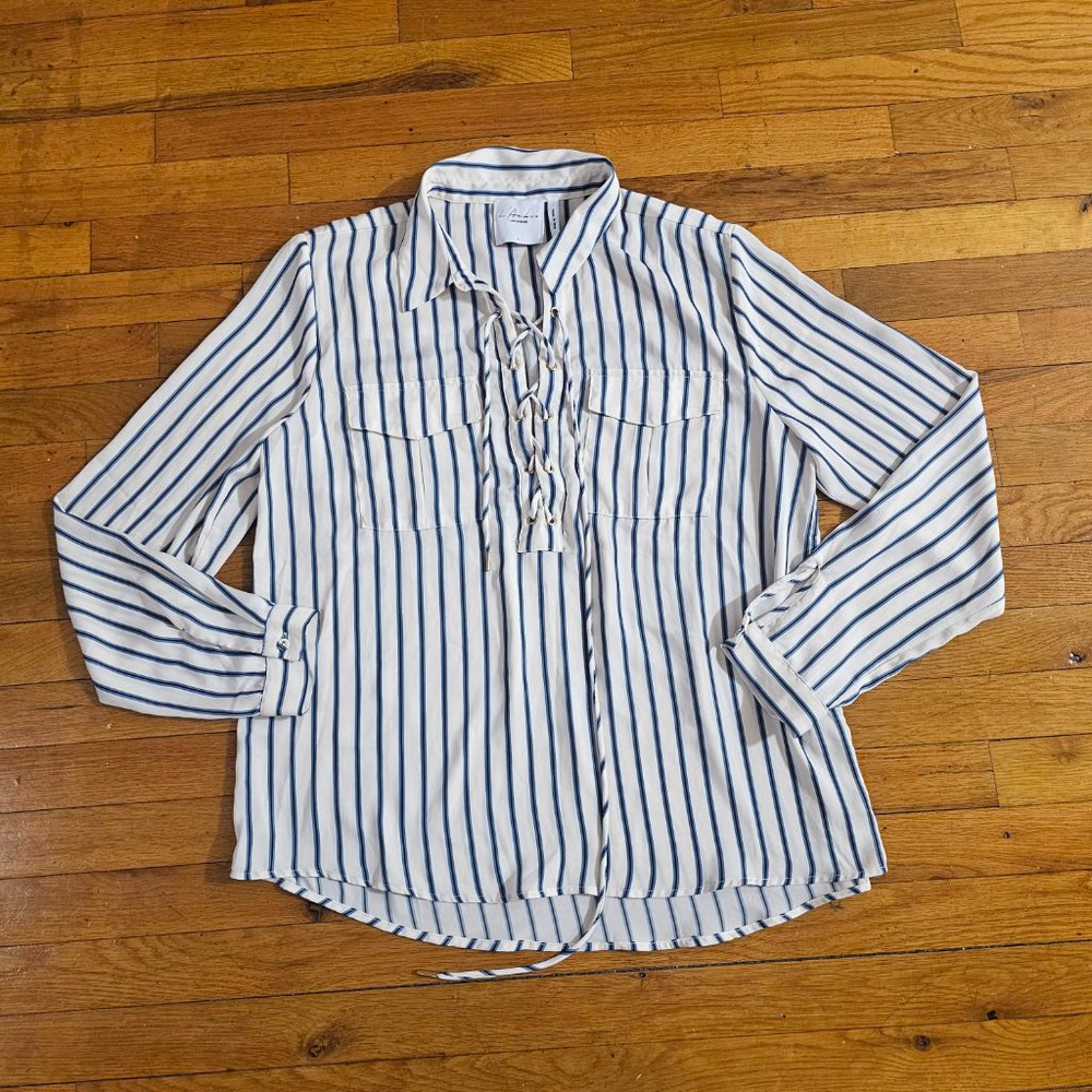 L'Academie Striped Blouse Women's White Blue Size Large